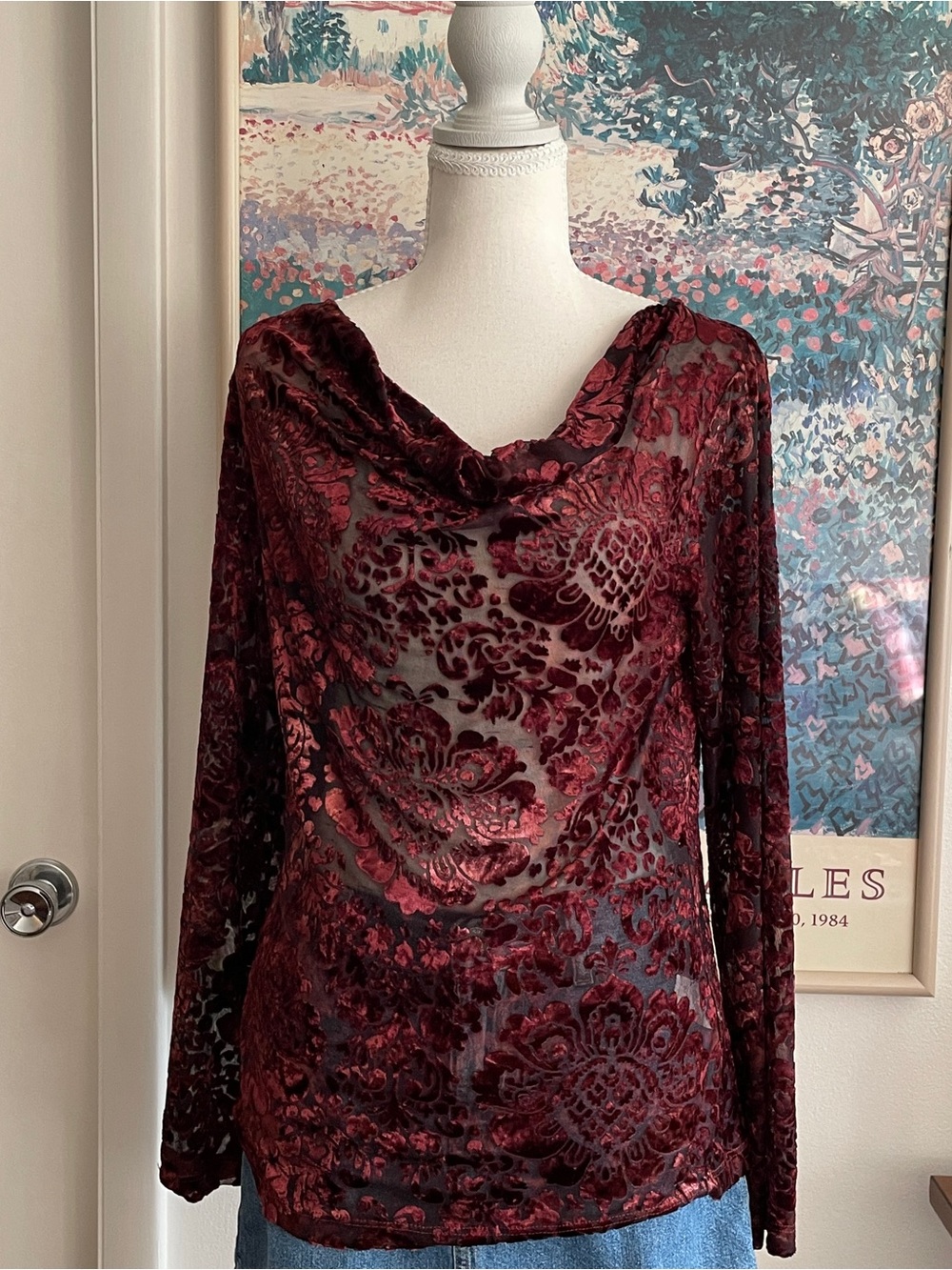 Vintage Y2K Karen Kane Velvet Burnout Top M Red Cowl Neck Sheer Whimsigoth 90s